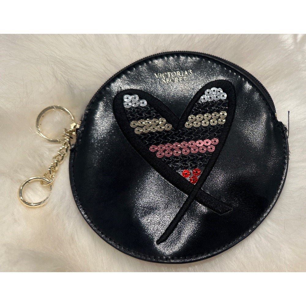 Victoria's Secret Black Heart Sequined Round Wallet Wristlet Coin